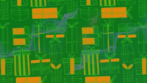 Animation-Von-Sich-Bewegenden-Wellen-Und-Geschenken-Auf-Grünem-Hintergrund
