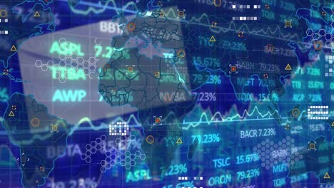 Animation-of-stock-market-data-processing-over-world-map-against-blue-background