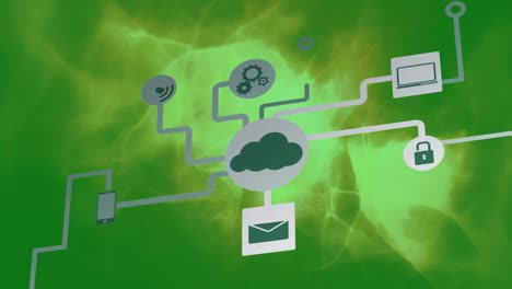Animation-of-network-of-connections-with-icons-over-shapes-on-green-background