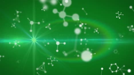 Animation-of-falling-molecules-and-lights-over-green-background