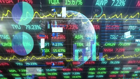 Animation-of-stock-market-and-statistical-data-processing-over-a-globe-against-blue-background