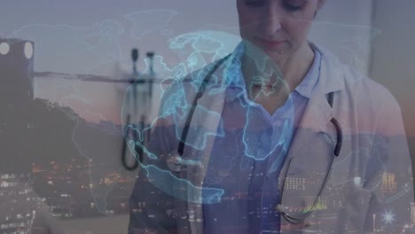 Animation-of-globe-and-cityscape-over-caucasian-female-doctor-using-tablet