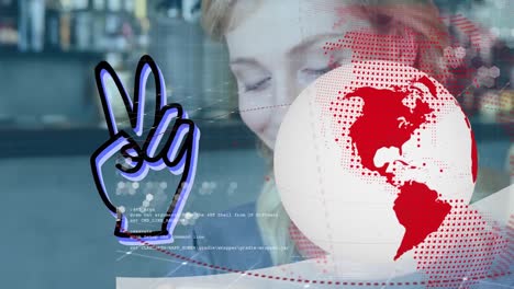 Animation-of-hand-icon-and-globe-over-caucasian-woman-using-smartphone