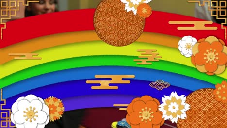 Animation-Von-Regenbogen-Und-Blumen-über-Lächelnden-Kaukasischen-Freunden