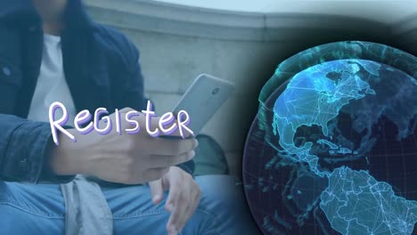 Animation-of-register-text-and-globe-over-biracial-man-using-smartphone