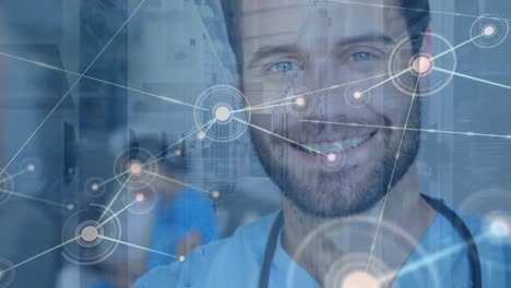 Animation-of-network-of-connections-over-caucasian-male-doctor-smiling