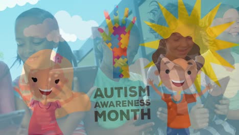 Animation-Von-Puzzle--Und-Autismus-Bewusstseinsmonatstexten-über-Verschiedene-Schulkinder,-Die-Ein-Tablet-Verwenden