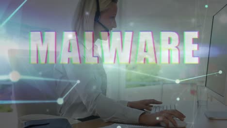 Animation-of-data-processing-and-malware-text-over-caucasian-businesswoman-in-office