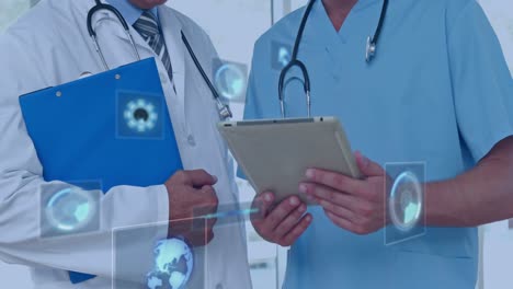 Animation-of-data-processing-over-caucasian-male-doctors-with-tablet