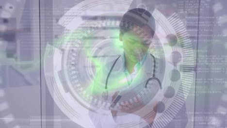 Animation-of-data-processing-over-biracial-female-doctor