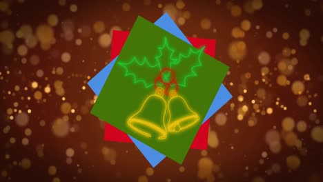 Animation-Von-Weihnachtsglocken-Auf-Karten-über-Schnee,-Der-Auf-Braunen-Hintergrund-Fällt