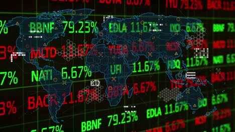 Animation-of-financial-data-processing-and-world-map-on-black-background