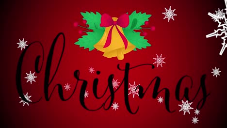 Animation-Von-Weihnachtsgrüßen-über-Schnee,-Der-Auf-Roten-Hintergrund-Fällt