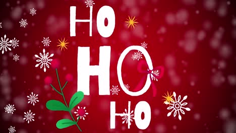 Animation-of-ho-ho-ho-text-over-snow-falling-on-red-background