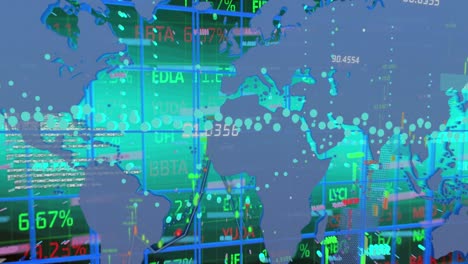Animation-of-financial-data-processing-and-world-map-over-dark-background