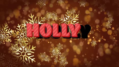 Animation-of-christmas-holly-text-over-snow-falling-on-brown-background