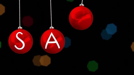 Animation-of-sale-text-on-red-baubles-and-christmas-fairy-lights-flickering-over-black-background
