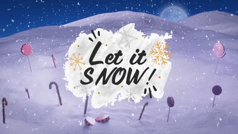 Animation-of-christmas-let-it-snow-text-over-candy-canes,-snow-and-house-in-winter-scenery