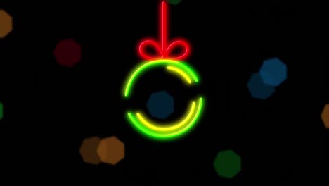 Animation-of-neon-bauble-and-christmas-fairy-lights-flickering-over-black-background