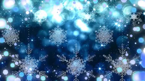 Animation-of-snowflakes-and-christmas-fairy-lights-flickering-over-black-background