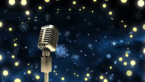 Animation-of-retro-microphone,-snow-falling-and-christmas-fairy-lights-flickering