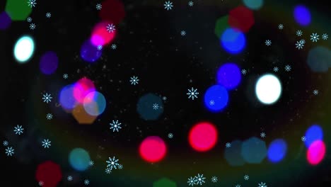 Animation-of-snow-falling-and-christmas-fairy-lights-flickering-over-black-background