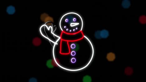 Animation-of-neon-snowman-and-christmas-fairy-lights-flickering-over-black-background