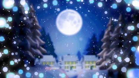 Animation-of-snow-falling-and-christmas-fairy-lights-flickering-over-winter-scenery