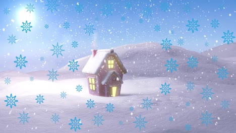 Animation-of-snow-falling-and-house-in-winter-scenery