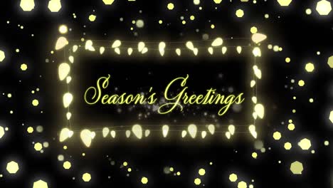 Animation-of-season's-greetings-text-in-christmas-fairy-lights-frame-on-black-background