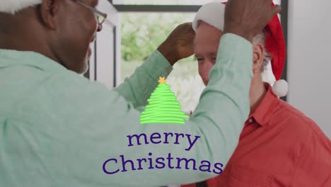 Animation-of-christmas-greetings-text-over-smiling-senior-diverse-friends-in-santa-hats-at-christmas