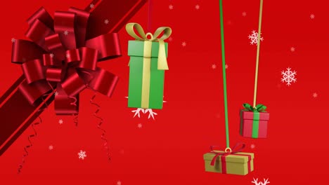 Animation-of-christmas-presents,-red-ribbon-decoration-and-snow-falling-on-red-background