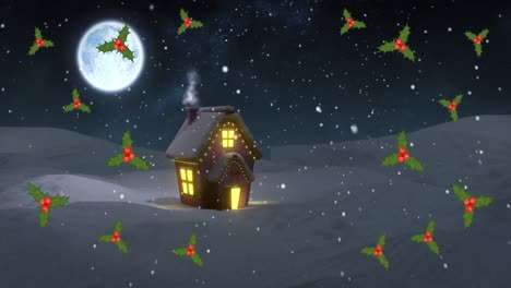 Animation-of-christmas-holly-over-full-moon,-snow-and-house-in-winter-scenery