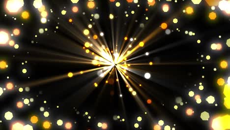 Animation-of-glowing-rays-and-christmas-fairy-lights-flickering-over-black-background