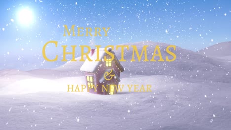 Animation-Von-Weihnachtsgrüßen-über-Schnee-Und-Haus-In-Winterlandschaft