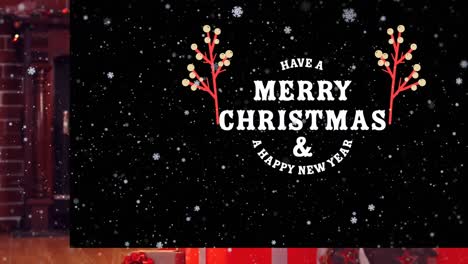 Animation-of-season's-greetings-text-over-snow-falling-and-christmas-decoration