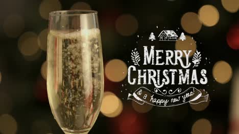 Animation-of-season's-greetings-text-over-champagne-flute-and-flickering-fairy-lights