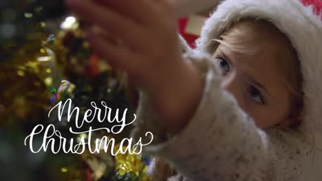 Animation-of-season's-greetings-text-over-caucasian-girl-and-christmas-tree