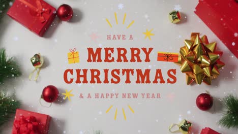 Animation-of-season's-greetings-text-over-christmas-decorations