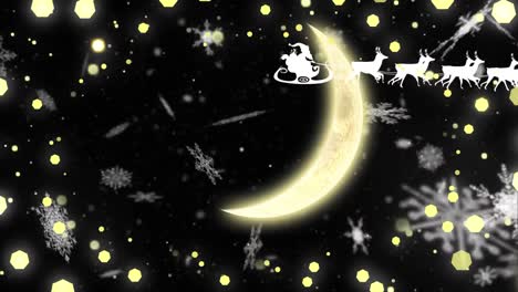Animation-of-santa-claus-in-sleigh,-snow-falling-and-christmas-fairy-lights-over-black-background