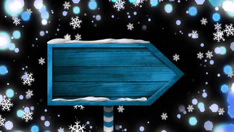 Animation-of-christmas-blue-sign-with-copy-space,-snow-falling-and-christmas-fairy-lights-flickering