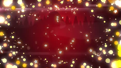 Animation-of-stars-falling-and-christmas-fairy-lights-flickering-over-red-background