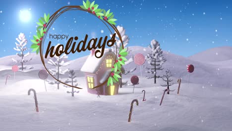 Animation-Von-Weihnachtsgrußtexten-über-Zuckerstangen-Und-Haus-In-Winterlandschaft