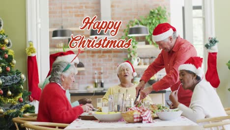 Animation-of-christmas-greetings-text-over-diverse-friends-at-christmas-meal-table