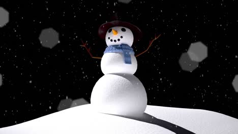 Animation-of-snow-falling,-snowman-and-christmas-fairy-lights-flickering-over-black-background