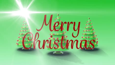 Animation-of-christmas-greetings-text-over-christmas-trees-on-green-background