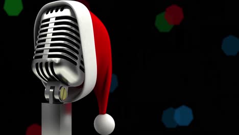 Animation-of-santa-claus-hat-on-retro-microphone-and-christmas-fairy-lights-over-black-background