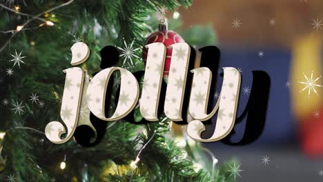 Animation-of-jolly-text-over-stars-falling-and-christmas-tree