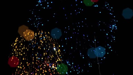 Animation-of-fireworks-and-christmas-fairy-lights-flickering-over-black-background