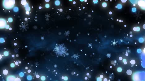 Animation-of-snow-falling-and-christmas-fairy-lights-flickering-over-black-background